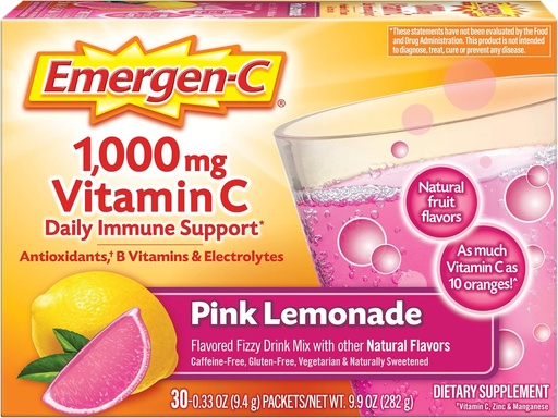 [BRSRMFQ5OF7BAFI7] Emergen-C 1000mg Vitamin C Powder, with Antioxidants, B Vitamins and Electrolytes, Immunity Supplements for Immune Support, Caffeine Free Fizzy Drink Mix, Pink Lemonade Flavor - 30 Count (Pack of 12)