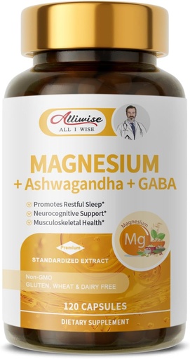 [BRSRAAQOPIFBYCI7] Magnesium Supplement + Ashwagandha & GABA, Magneium Glycinate, Taurate, Malate Complex for Clam Sleep, Muscles Recovery, Nerves, & Energy Support, High Absorption Vegan, Non-GMO - 120 ct