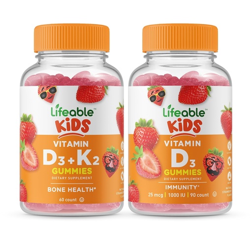 [BRSROZI2PIAQ43TG] Lifeable Vitamin D3 + Vitamin K2 Kids + Vitamin D Kids, Gummies Bundle - Great Tasting, Vitamin Supplement, Gluten Free, GMO Free, Chewable Gummy