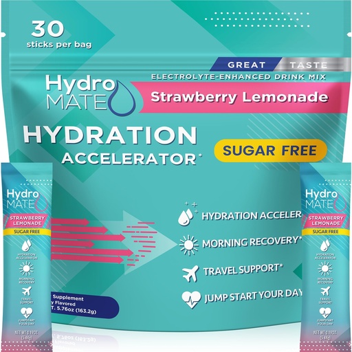 [BRSRAZQ3OV5RMGTP] Electrolyte Powder Sugar-Free Hydration Packets Strawberry Lemonade HydroMATE 30 Sticks