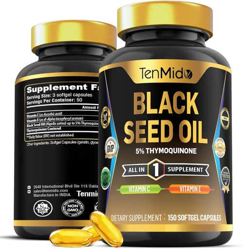 [BRSRAGD4AR4AEH3K] Συμπλήρωμα Black Seed Oil Capsules - 4in1 Formula - Συνδυάστε με Βιταμίνη C, Βιταμίνη Ε - Digestive Health, Immune Support - Πλούσιο σε Nutrient - 150 κάψουλες Softgel