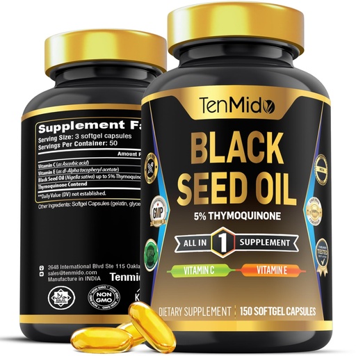 [BRSRAGD4AR4AEH3K] Black Seed Oil Capsules Supplement - 4in1 Formula - Combine with Vitamin C, Vitamin E - Digestive Health, Immune Support - Rich in Nutrient - 150 Softgel Capsules