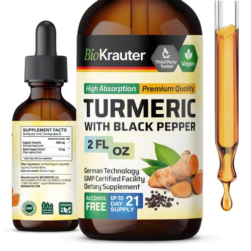 [BRSRAFDYBBYAYHY3] BIO KRAUTER® Turmeric Supplement for Mobility Support - Pure Vegan Curcumin with Black Pepper 2 Fl.Oz 21 Days of Supply - Curcumin Drops 1200 mg for Antioxidant & Immune Support - Alcohol & Sugar Free