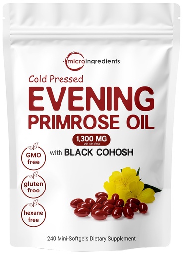 [BRSWKFQZCR6BQCY3] Evening Primrose Oil 1300mg Per Serving, 240 Softgels | Enhanced with 40mg Black Cohosh Extract, Cold Pressed – 10% Active GLA, Non-GMO, No Gluten, Easy to Swallow