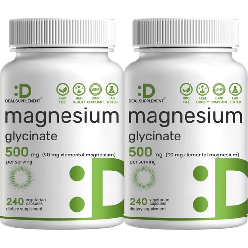 [BRSROZA7OYBGM3TB] Deal Supplement Magnesium Glycinate 500mg, 480 Veggie Capsules | 100% Chelated for Easy Absorption | Essential Mineral Supplement | Non-GMO, Gluten-Free