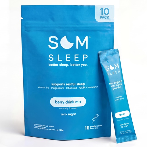 [BRSRMBDRPJ7WKF36] Som Sleep, Calm Sleep Nighttime Powder Drink Mix, Melatonin 3mg, Magnesium, Vitamin B6, L-Theanine & GABA – Vegan, Zero Sugar – Berry, 10-Pack