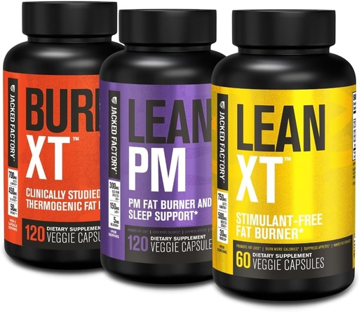 [BRSRAGQ6AQNWE2DF] Jacked Factory Burn-XT Clinically Studied Thermogenic Fat Burner (120 cápsulas), Lean PM Nighttime Fat Burner y Sleep Aid (120 cápsulas), Lean-XT Caffeine-Free Weight Loss Suplemento (60 cápsulas)
