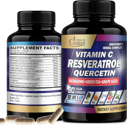 [BRSRO2Y5BEFQEAD2] Organic Cadane Resveratrol Supplement - 12in1 Blended with VIT.C, Quercetin, Berberine, Turmeric, Green Tea & More - 90 Capsules 3 Month