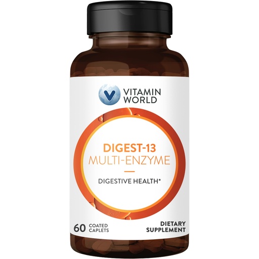 [BRSWGHDYC54A4H3X] Vitamin World Digest-13 Multi-Enzyme, 1010mg Digestive Enzymes Blend with Amylase, Bromelain, Papain & Lipase for Digestion and Absorption, Digestive Enzymes for Bloating & Gas, 60 Caplets