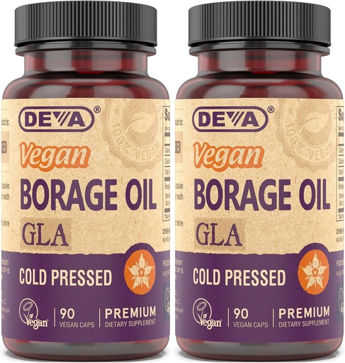 [BRSWIYIZCQDGCHA7] DEVA Vegan Vitamins, Borage Oil 500mg, Source of Omega-6 Fatty Acid GLA (Gamma linolenic Acid), Cold-Pressed & Unrefined, 90 Tablets (Pack of 2)