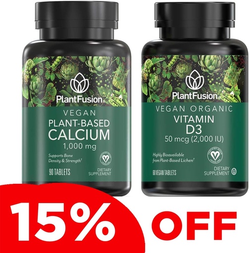 [BRSROEIOAEOQG2TP] PlantFusion Vegan Calcium & D3 Bundle - Premium Plant Based Calcium 1000mg and D3 2000IU Supplements for Bone Growth, Density, and Strength & Immune Support