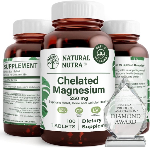 [BRSWKEI2OEGR2DQZ] Natural Nutra Chelated Magnesium Oxide 250 mg - High Absorption for Strong Bones, Heart Health, Dental Health, Energy Boost, Gluten-Free, Non-GMO, 180 Tablets in BPA-Free Recyclable Glass Bottles
