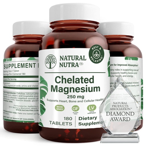 [BRSWKEI2OEGR2DQZ] Natural Nutra Chelated Magnesium Oxide 250 mg - High Absorption for Strong Bones, Heart Health, Dental Health, Energy Boost, Gluten-Free, Non-GMO, 180 Tablets in BPA-Free Recyclable Glass Bottles