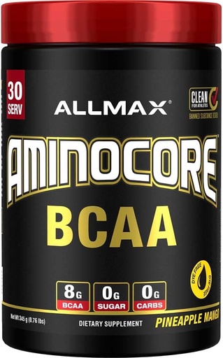 [BRSWYZQDAR7AI3Y6] ALLMAX Nutrition AMINOCORE BCAA Powder, 8.18 Grams of Amino Acids, Intra and Post Workout Recovery Drink, Gluten Free, Pineapple Mango, 315 g