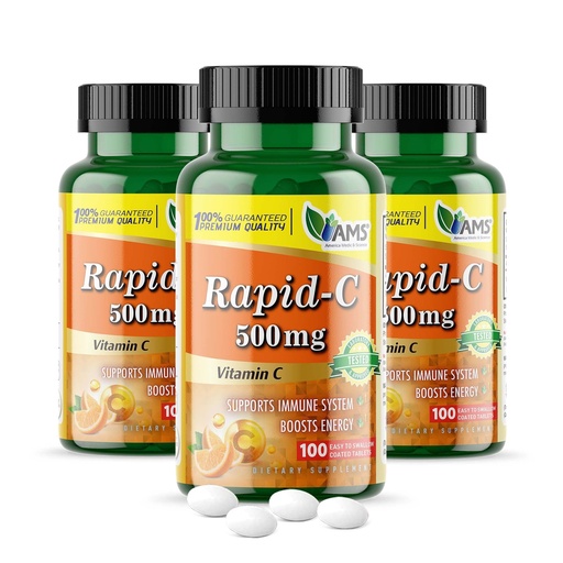 [BRSRMFQZPIBGYCTX] America Medic & Science Rapid-C 500mg Vitamin C Supplement (3 Pack of 100 Tablets) Energy Booster, Daily Immune System Support, Antioxidant | Vegan, Non-GMO Coated Ascorbic Acid for Adult Men & Women