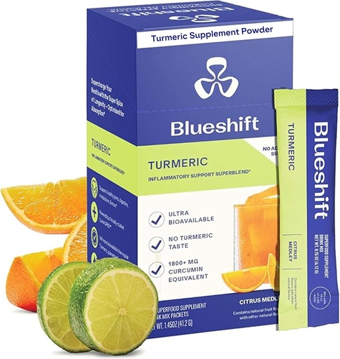 [BRSRAFQHBMBQGC3H] Blueshift Turmeric Citrus Medley - 물, Turmeric Curcumin 보충교재, 자연 회복 지원을 위한 설탕 음료 혼합 없음 - 감귤류 풍미, 분말 지팡이 (10 팩)