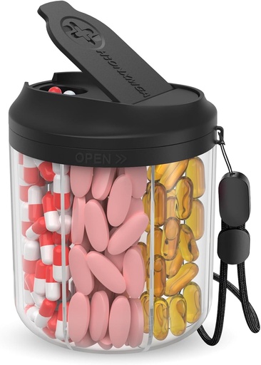 [BRSRAHAQC4AR4HIZ] Pill Dispenser with 7 Large Compartments, Pill Bottle Organizer 4.4" H x 3.6" Dia for Travel, Supplement Organizer with Anti-Mixing Design, BPA-Free Pill Container with 20 Pcs Labels, Black