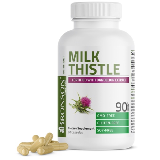 [BRSRO2Y7O4JR42QZ] Bronson Milk Thistle Silymarin Marianum & Dandelion Extract Liver Health Support, Antioxidant Support, Detox, 90 Capsules