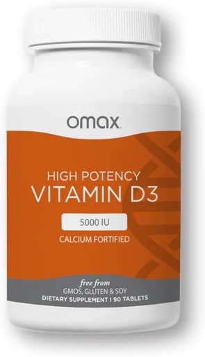 [BRSW2FQ5C4HQEAD2] Omax3 Vitamina D3 5000 UI + Calcio, Suministro de 90 días, Huesos fuertes, Músculos & Conjuntos, Salud del Corazón, Inmunidad, No GMO, No Gluten, No Soy (Nuevo Embalaje) - 90 Tabletas (90)