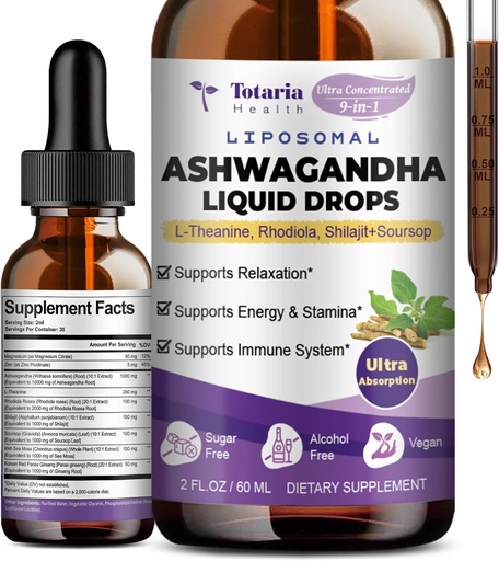 [BRSRAAICCN7A2ADP] Totaria Liposomal Ashwagandha Liquid Drops (7% Withanolides) w/Soursop Bitters, L-Theanine, Magnesium, Shilajit, Maximum Absorption, Natural Energy, Cortisol Health for Women & Men, Non-GMO, 2 Fl Oz
