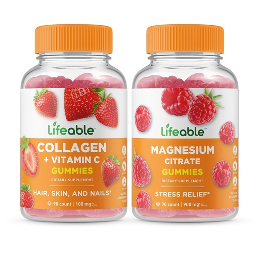 [BRSROFAQCMIRS3TK] Lifeable Collagen & Vitamin C + Magnesium, Gummies Bundle - Great Tasting, Vitamin Supplement, Gluten Free, GMO Free, Chewable Gummy