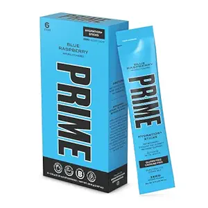 [BRSRMAY3CV4BEELF] PRIME HYDRATION+ Sticks Blue Raspberry | Hydration Powder Single Serve Sticks | Electrolyte Powder On The Go | 250mg BCAAs, B Vitamins, Antioxidants | Low Sugar | Caffeine-Free | Vegan | 6 Sticks