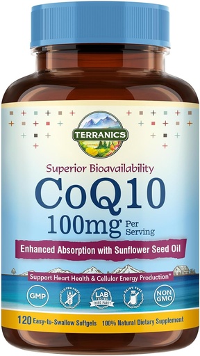 [BRSRMZL5PIIQEEQY] Terranics CoQ10 100mg, 120 Softgels, Absorption with Extra Virgin Olive Oil, Heart Health & Energy Production