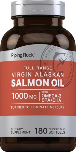 [BRSWIFDQAYJQ2DLI] Piping Rock Wild Alaskan Salmon Oil for Humans | 1000mg | 180 Softgel Capsules | Omega 3 Supplement with EPA and DHA | Non-GMO and Gluten Free