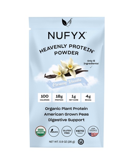 [BRSROBL2CICAE2YY] NUFYX® Family Owned Protein Powder, Organic Plant-Based, Made with 100% USA Grown Peas, 18g Protein for 100 Calories, Only 6 Ingredients, Digestive Support (Creamy Vanilla, Packet)