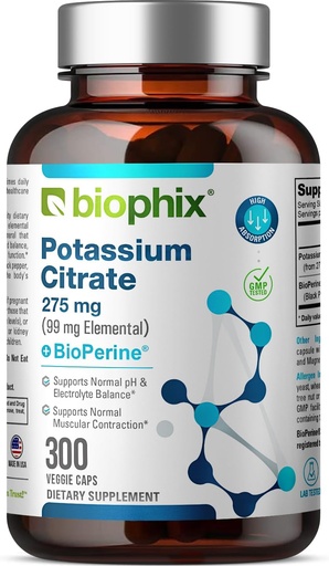 [BRSRMGI5BUHBG3T6] biophix Potassium Citrate 275 mg with BioPerine 300 Veggie Capsules - Supports Electrolyte Balance, Nerve., Muscle Function and Heart Health