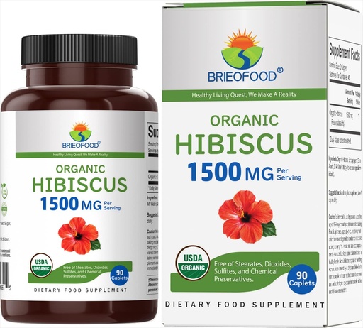 [BRSRMZDQB4DRUYDD] Brieofood Organic Hibiscus 1500mg, 45 Servings, Vegetarian, Gluten Free, 90 Vegetarian Tablets