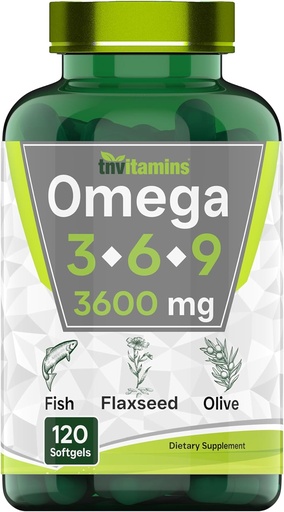 [BRSRAYIRDINQIDQ6] tnvitamins Triple Omega 3◆ 6◆ 9: 3600mg x 120 Softgels | Omega Essential Fatty Acids from Fish Oil (EPA & DHA), Flaxseed (ALA & LA), & Olive Oil (OA) | Supplement for Women & Men | Non-GMO