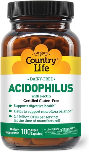 [BRSWIY3YPN4BUEY7] Country Life Acidophilus Probiotic Supplement for Women & Men - Free from Common Allergens - 2.4 Billion CFUs to Support Digestive Health - Dairy-Free, Non-GMO, 100 Vegan Capsules