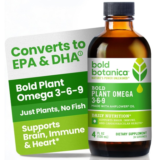 [BRSRMCYCOQMGGGT2] Bold Botanica Plant Vegan Omega 3-6-9 with Ahiflower Oil, Omega 3 Liquid Supplement for Women & Men, Plant-Based Omegas for Brain & Immune Health, Better Than Flax, Fish Free, Sugar-Free, 4 fl oz