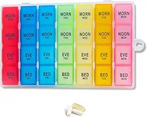 [BRSROGQQB57BAH37] Weekly Pill Organizer 4 Times a Day, 7-Day Pill Boxes, Monthly Medication Organizer 28 Days Portable Compartments & Moisture-Proof Outer Case for Vitamins, Fish Oils, Supplements(Color)