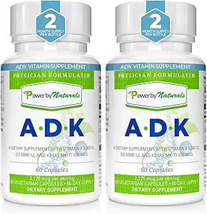 [BRSWGED7ORYWOFD2] Power By Naturals ADK Vitamin Supplement: Vitamin A, Vitamin D3 5000 iu, and Vitamin K2 MK-7, Support Bone Health Vitamin ADK Supplement, Pure Vitamin D3 K2 MK7 & A, Pack of 2 (60 Capsules Each)