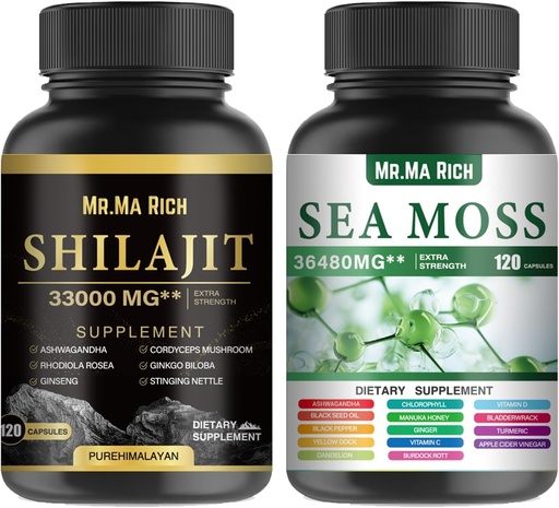 [BRSRA2T2BYHBG3IY] Sea Moss and Shilajit Capsule Bundle, Ashwagandha Rhodiola Rosea Ginseng Cordyceps Mushroom Ginkgo Biloba Stinging Nettle Magic Moss Blendim Black Seed Turmeric Bladderwrack Burdock Black Pepper