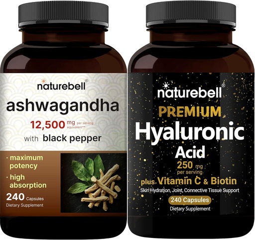 [BRSRAAQOCB5R4HTH] NatureBell Hyaluronic Acid Capsules with Biotin + Vitamin C & Ashwagandha 12,500 mg Equivalent with Black Pepper Bundle Pack | Complete Beauty Care Complex | Adaptogens Supplements for Relaxation