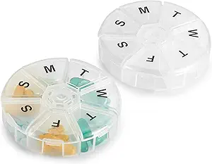 [BRSWGZQDBECREH3F] Weekly Pill Organizer - (Pack of 2) 7 Day Pills Container, Round Medicine Organizer Box, Daily Week Pill Reminder Case Travel Friendly, BPA-Free Vitamin, Supplement, Fish Oil, Medication Planner