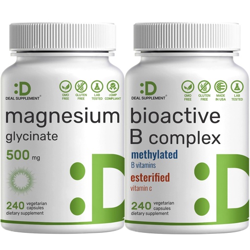 [BRSRAFITOAJQEYD7] Magnesium Glycinate 500mg Veggie Capsules & Bioactive Vitamin B Complex Bundle Pack – Easily Absorbed Chelated Mineral – Immune, Energy, & Metabolism Supplement