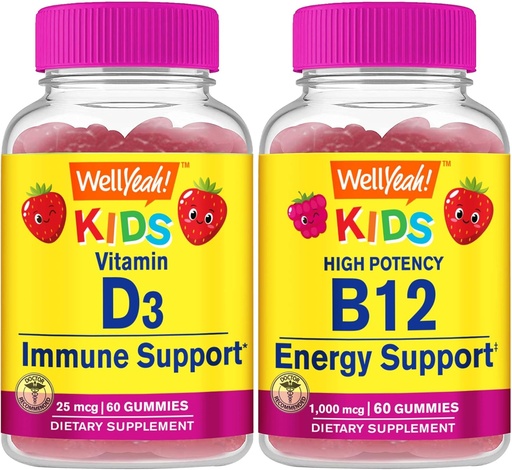 [BRSROEA2DIFWGHLU] WellYeah Vitamin D3 Kids + Vitamin B12 Kids, Gummies Bundle - Great Tasting, Vitamin Supplement, Gluten Free, GMO Free, Chewable Gummy