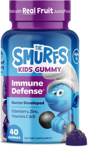 [BRSRMHAFDEIRYYLP] Smurfs Kids Immune Support Gummies | Black Elderberry Vitamin C and Zinc Kids Immunity Gummies | Made with Real Fruit | Doctor Developed | Non-GMO & No Artificial Flavors or Colors | 40 Gummies