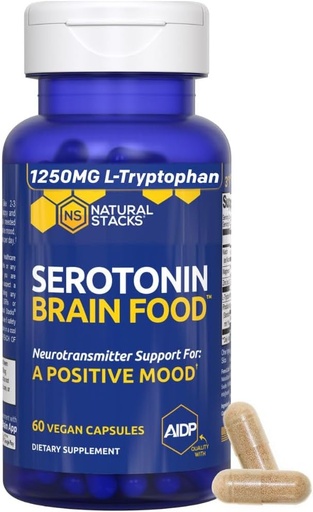 [BRSWGZYYBVYQ2D3V] Serotonin Brain Food - 1250mg L-Tryptophan & 400mg Rhodiola Rosea - Phụ hỗ trợ kích thích cho việc cứu trợ căng thẳng - Hỗ trợ thần kinh với Magnesium Glyct & Zyccc - 60 Capsules