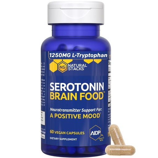 [BRSWGZYYBVYQ2D3V] Serotonin Brain Food - 1250mg L-Tryptophan & 400mg Rhodiola Rosea Supplement - Mood Support Supplement for Stress Relief - Neurotransmitter Support with Magnesium Glycinate & Zinc - 60 Capsules