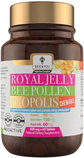 [BRSWGAQ7AADRQE37] BEE and You Royal Jelly + Propolis + Bee Γύρη Μασώμενα Δισκία - Υψηλή Ικανότητα - Όχι Τεχνητή Γεύση / Συντηρητικά - Όχι Προστιθέμενη Ζάχαρη - Όχι Σόγια/Γελατίνη/ΓΤΟ/Γλουτένη, 500 mg x 60 Δισκία