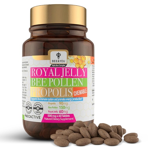 [BRSWGAQ7AADRQE37] Bee and You Chewable Royal Jelly Tablets with Propolis Extract, Bee Pollen, Vitamins and Minerals, Daily Immune and Energy Support, Gluten Free, for Kids and Adults, 60 Count