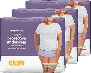 [BRSW22Q7PIOQ2G3V]   Basics Incontinence Underwear for Women, Protective, Disposable, Postpartum, Maximum Absorbency, X-Large, Lavender, 48 Count (3 Packs of 16)