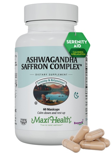 [BRSROBAFBAMBYAY4] Maxi Health Ashwagandha Supplements Complex with Saffron – 600mg Ashwagandha Capsules & 30mg Saffron Extract for Stress Relief, Mood & Calm – Kosher, 60 Capsules