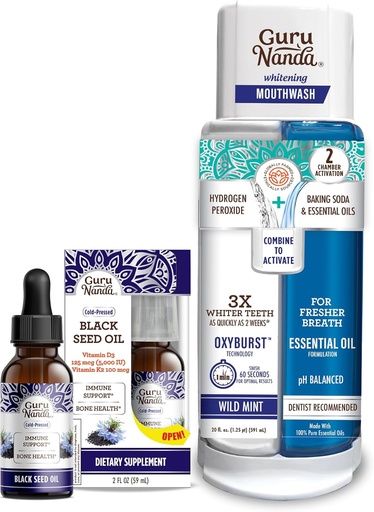 [BRSROCYOAEIAKDT3] GuruNanda Μαύρο Έλαιο Σπέρματος, Ψυχρό-Pressed Nigella Sativa - Πλούσιο σε Βιταμίνη D3 5000 Μονάδες, K2 & E & Dual Barrel Oxyburst Λευκαντικό Στόμα - Περιέχει Υδρογόνο Υπεροξείδιο