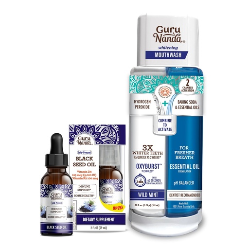 [BRSROCYOAEIAKDT3] GuruNanda Black Seed Oil, Cold-Pressed Nigella Sativa - Rich in Vitamin D3 5000 Units, K2 & E & Dual Barrel Oxyburst Whitening Mouthwash - Contains Hydrogen Peroxide
